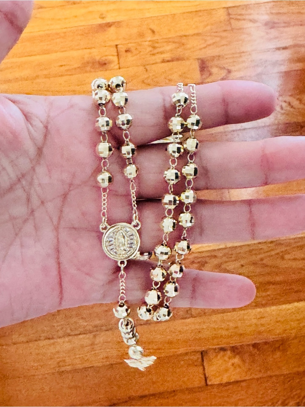 14K Gold Plated Beaded Rosary Necklace with Virgin Mary pendant. New